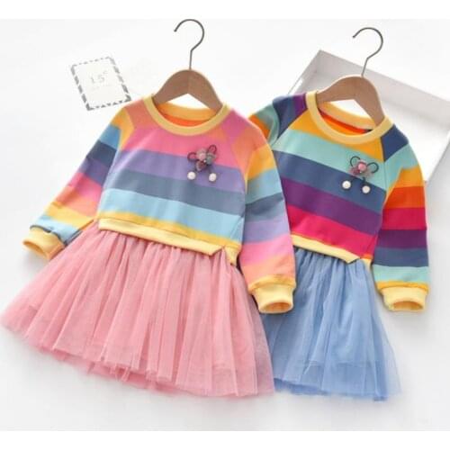 2020 New Girls Spring and Autumn Dresses Childrens Long Sleeve Striped Colorful Rainbow Dresses Princess Cute Party Dress 2-7Y