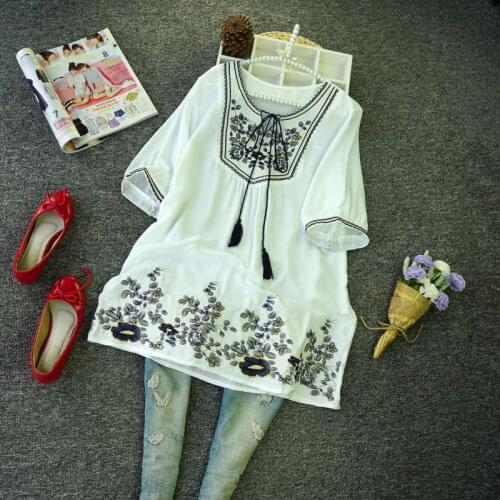 2021 Mori Girl Vintage Casual All-match Short Sleeve Exquisite Embroidery Shirts National Trend Womens Shirts Blouse Loose Tops