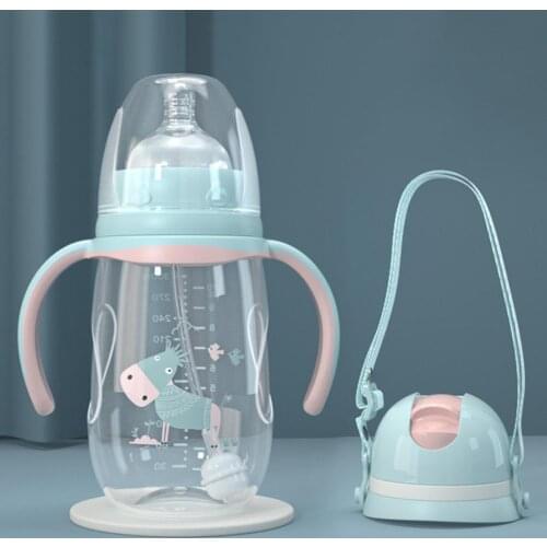 240ml/300ml Infant Drop-proof Baby Wide-caliber Milk Bottle with Straw Handle