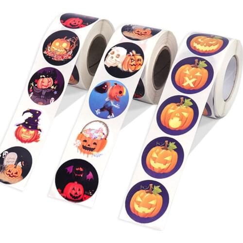 500pcs Halloween Paper Sticker Horror Pumpkin Ghost Bat Cookie Candy Bag Round Stickers Halloween Party Gift Packing Box Decor