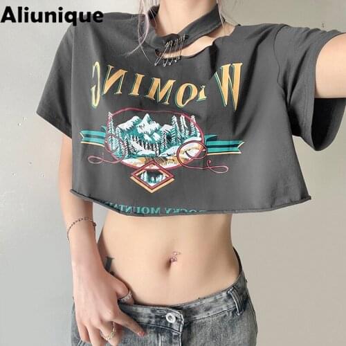 Aliunique New Chic Sexy Letter Print Loose T-Shirt For Women 2021 Summer Fashion Design Temperament Lrregular Navel T-shirt