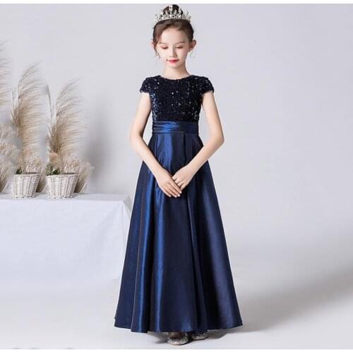Children Sequines Stitching Short Sleeve Catwalk Evening Gown Baby Girl Wedding Bridesmaid Dresses Kids Vestidos L917