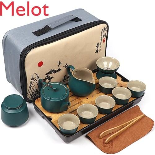 Black Porcelain Travel Tea Set Suit Green Ceramic Portable Convenient Storage Bag Tea Table and Tea Tray Household Complete Set