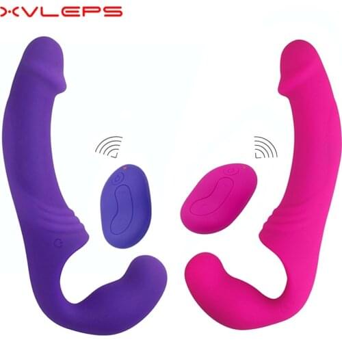 Xvleps Strapless Strap-on Dildo Vibrator for Couples Lesbian Wireless Remote Control Double Ended Vibrating Adult Sex Toys