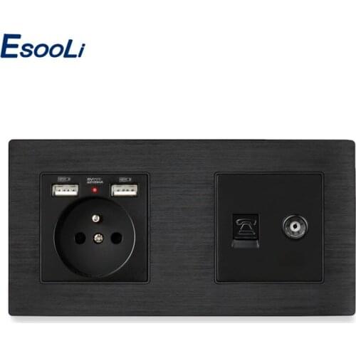 Esooli French Standard Socket RJ11 Tel Jack Telephone With Female TV Jack Socket Outlet Black Aluminum Metal Panel