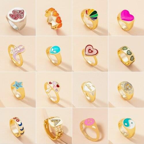 SOHOT Punk Retro Zircon Alloy Cherry Mushroom Star Heart Letter Leopard Angel Tai Chi Moon Rings Unisex Jewelry Drop Shipping