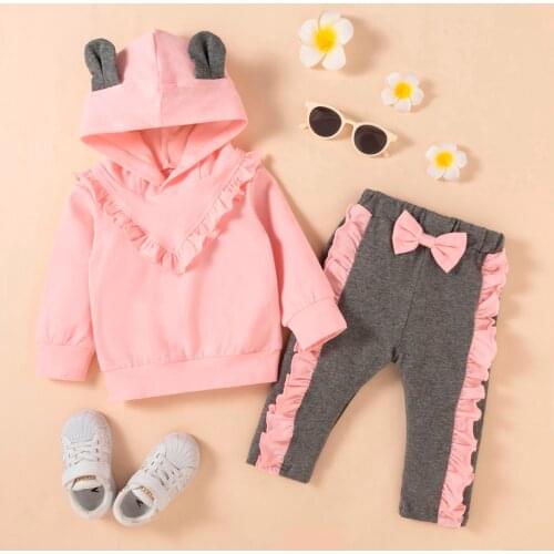 Newborn Girl Clothes Set Toddler Kids Girls Solid Color Cotton Ruffle Bow Clothes Hoodies Rabbit Ear Suit Baby Clothing Sets