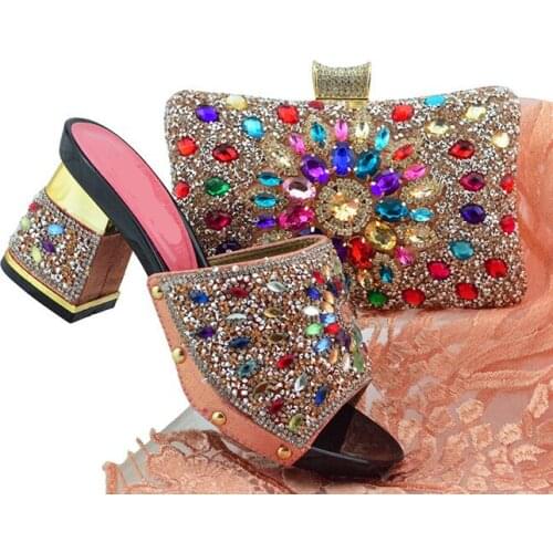 Nice Looking Peach African Women Shoes Matching Set With Crystal Design And Peach Color Bag For Dress FGT004