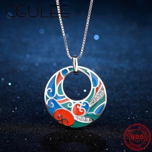 OGULEE Lovely Curly Plant Pattern 925 Sterling Silver Sparkling Zircon Orange Red Enamel Fine Necklace Pendant Party Jewelry