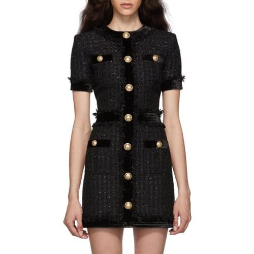 French Celebrities High Street Small Fragrance Short-Sleeved Tweed Weave Tassel Stitching Button Decoration Luxury Quality Dress