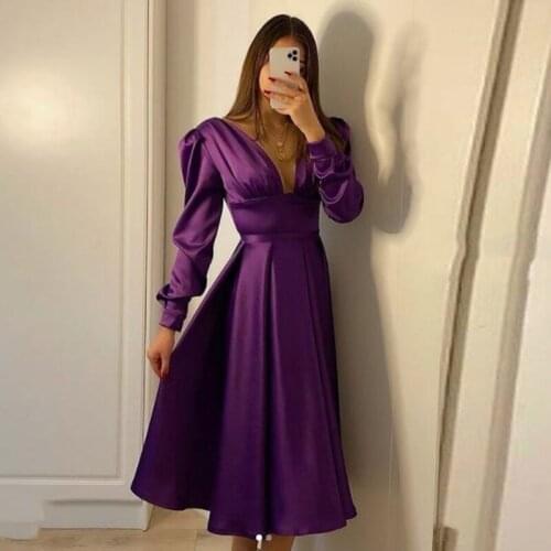 Eightale Purple Evening Dresses with Long Sleeves V-Neck Tea Length Satin Custom Made Short Prom Gown Arabic Party Dress 2021