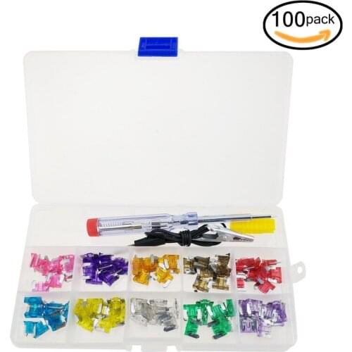 100Pcs Car Truck Micro Blade Fuses 3A 4A 5A 7.5A 10A 15A 20A 25A 30A 35A AMP Plastic Box Assortment with Electric measuring pen