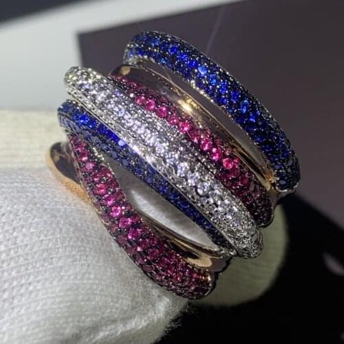 Sparkling Luxury Jewelry 10KT White Gold Fill Multi Color AAA Cubic Zircon Cross Ring Party Women Wedding Engagement Band Rings