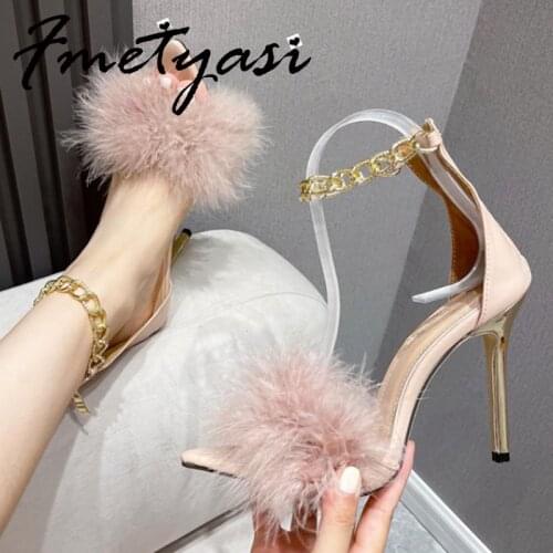 Modern Sandals Thin Heels Summer High-Heeled Chain Sexy Open Toe Feather Rubber Ankle Strap Women Pumps Roman Shallow