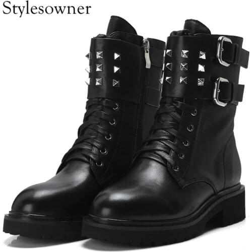 Stylesowner Western Design Cool Short Martin Boots Black Cow Leather Low Heels Winter Round Toe Mature Solid Female Ankle Boots