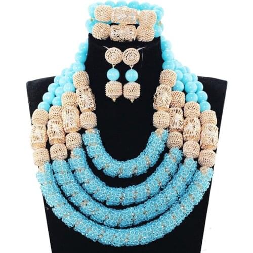 African Beads Wedding Jewelry Set Luxury Light Blue Bold Statement Crystal Necklace Set Big Full Gold Costum Jewellery SetABH562
