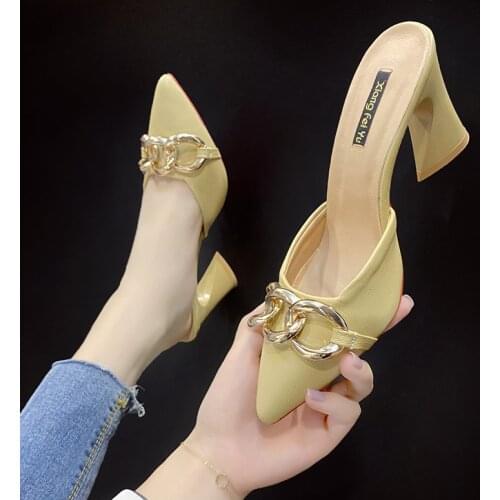 Pointed Toe Mid-heel Muller Shoes 2021 New Thick-heel Slippers Womens Thin Temperament Sandals All-match Lady Women