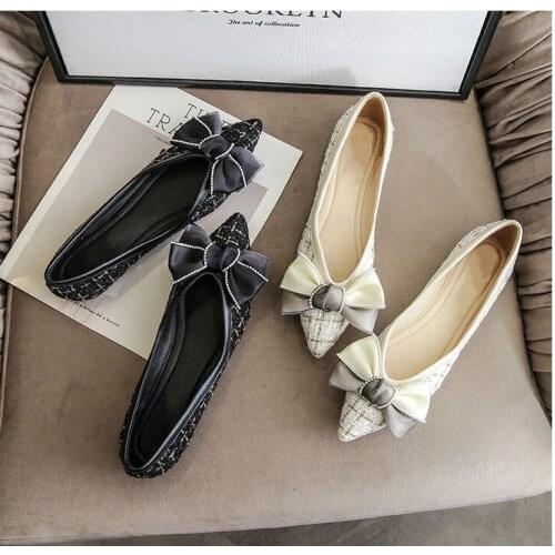 Women Black Casual Loafers Spring Autumn Bowtie Slip On Flats For Woman Pointed Toe Ballet Flats Ladies Bow Single Shoes 34-43