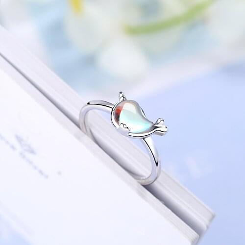 VES1 Little Whale Animal Natural Opal 100% 925 Sterling Silver Lady Open Ring Jewelry Girl Student New Year Gift