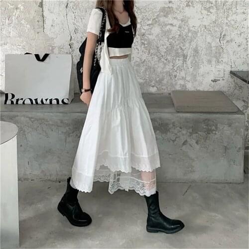 Vintage High Waist Long Skirt Korean Solid Hip Hop Streetwear Black Gothic Lace Stitching Irregular Pleated Skirt Women White
