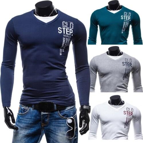 High Quality Elastic Cotton Fabric Men T Shirt For Male Big Size Business Tees V-Neck Long Sleeve Tops Full