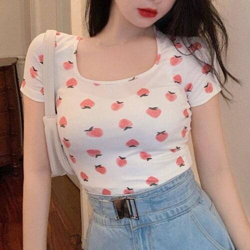 Women T Shirt Kawaii Crop Top Strawberry Print Short Sleeve Tees Shirt Femme Plus Size Tops Summer Clothes for Women