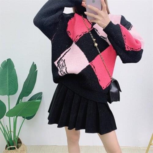 2021 new college style loose diamond check contrast long sleeve Pullover Sweater womens lazy style