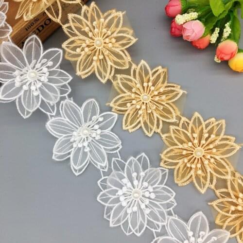 2 yard Soluble Flower Beaded Pearl Lace Trim Embroidered Ribbon Fabric Applique Trimmings Sewing Craft Wedding Dress Decoration