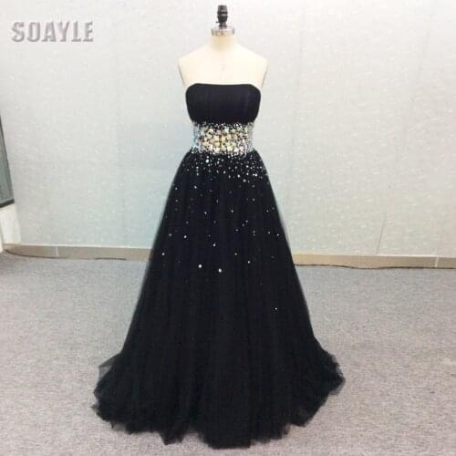 Black Prom Dresses Long Real Picture Dresses Strapless Crystals Evening Gowns for Women