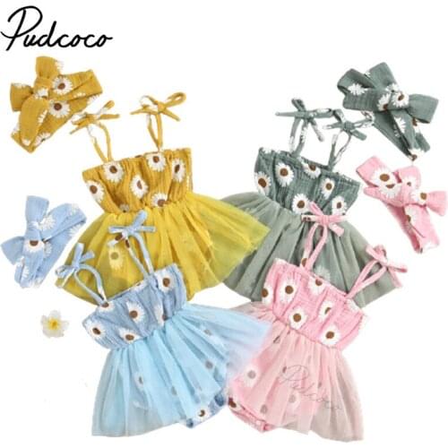 2021 2Pcs Baby Summer Outfit, Daisy Print Tied Spaghetti Strap Romper Skirt + Hairband for Toddler Girls, 0-18 Months