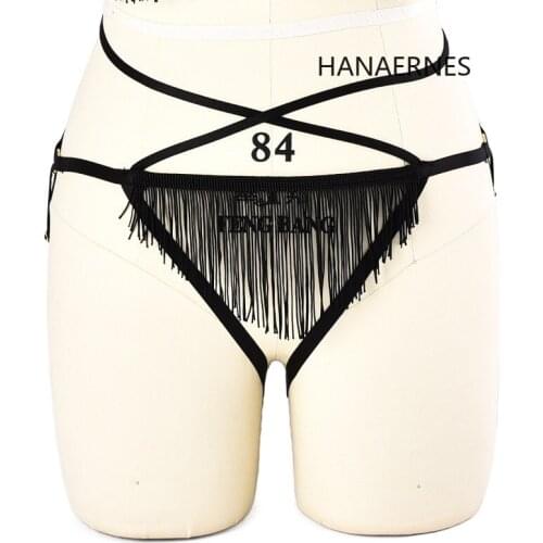 Women Harness Sexy Black Tassel Body Harness Garter Belt Festival Rave Pole Dance Bondage Lingerie Gothic Fetish Bottom Panties
