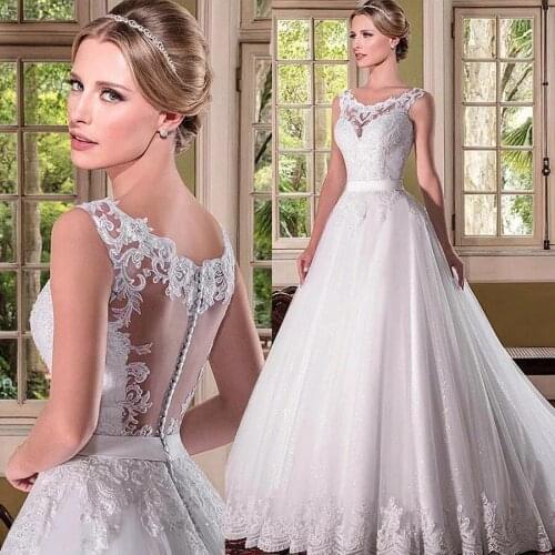 Elegant O-neck Lace Wedding Dress With Train 2021 Luxury Back Zipper Ball Gown Princess Luxury Vestido De Noiva Plus Size