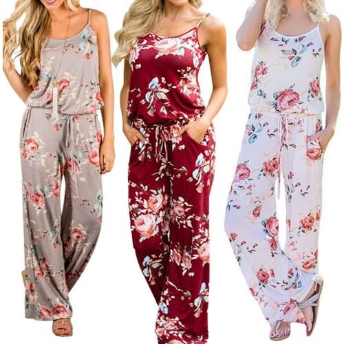 Summer Women Ladies Playsuit Print Beach Jumpsuits traps Loose Pants Floral Bandge Romper High Waist Long Trousers Pants