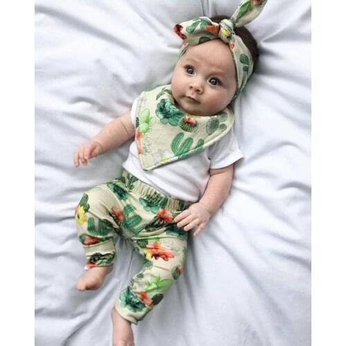 4PCS baby girl clothes short sleeve white Top +Floral pants +Headband+Bibs Newborn baby girl clothing set toddler suit