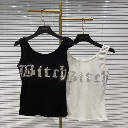 PREPOMP 2021 Summer New Arrivals Sleeveless O Neck Print Rhinestone Letters Short Tank Tops Women Camisole GA111