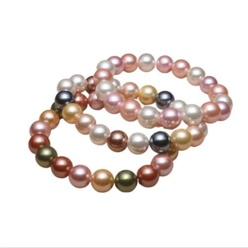 Hot 8 10mm Round Beads Fashion Multicolor Natural shell Tahitian black Multicolor south sea shell pearls Bracelet Elastic line