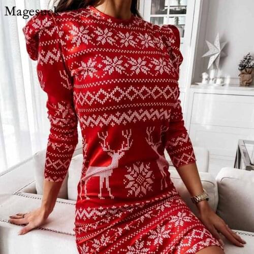Fashion Spring 3 Colors O Neck Pullover Bodycon Puff Sleeve Dress New Womens Christmas Xmas Knitted Sweater Dress Robe 12838