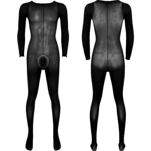 Mens Sexy Lingerie Bodystockings Sleepwear Exotic Apparel Bulge Pouch Stretchy Pantyhose Male Round Neck Long Sleeves Bodysuit