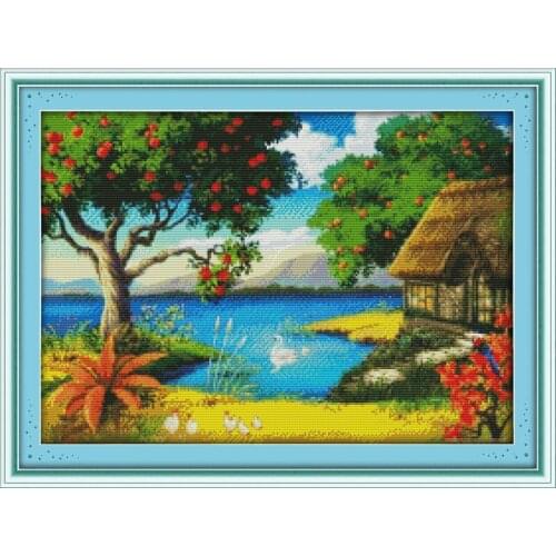 The story of apple trees cross stitch kit lake18ct 14ct 11ct count printed canvas stitching embroidery DIY handmade needlework