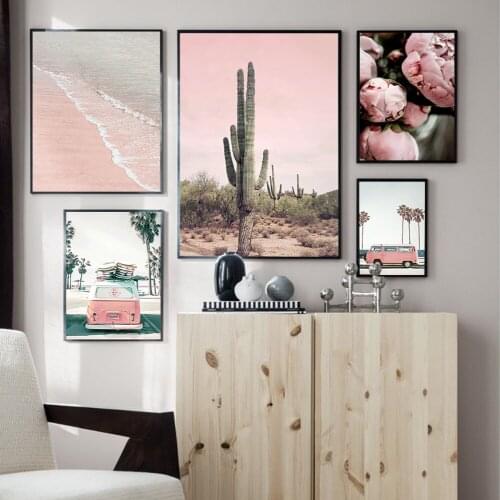 Pink Beach Bus Surf Palm Trees Wall Art Canvas Painting Nordic Posters and Prints Landscape Wall Pictures for Living Room Decor