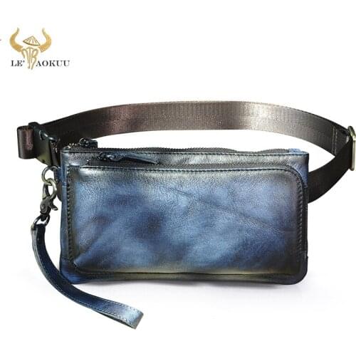 New Quality Leather men Fashion Blue Travel Sling Fanny Waist Belt Bag Chest Pack Design Phone Cigarette Case Pouch Male 2019