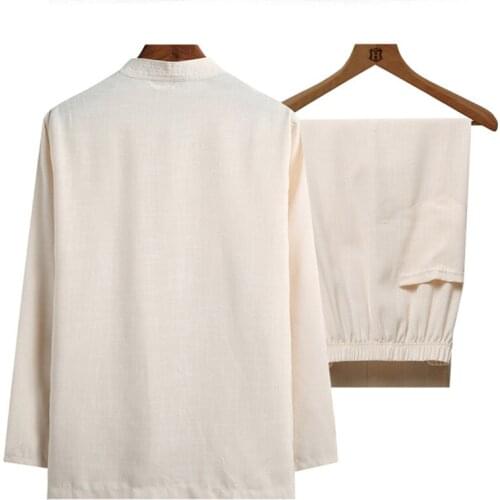 Plus Size 4XL (Long Sleeve Shirt+Pant) Cotton Linen 2Pcs/Set Men Kung Fu Tai Chi Suit l ClassicWu Shu Clothing For Father