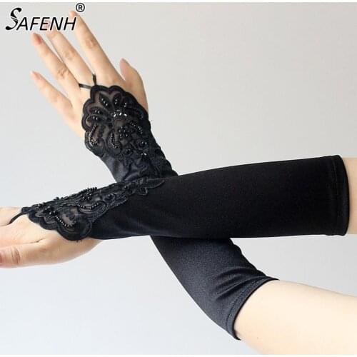 Womens Sexy Black Long Satin Fingerless Gloves Elbow Length Gloves For Ladies Girls Hand Gloves Club Party Accessories