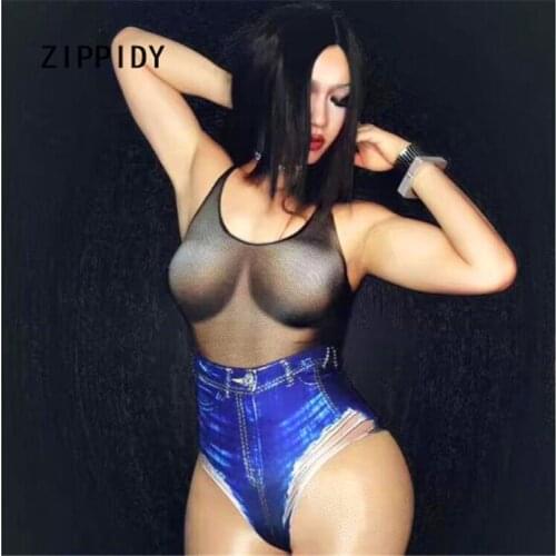 Sexy Print Jeans Skinny Stretch Bodysuit Women Outfit Party Bar Dj Singer Leotard Dance Occasion Stage Wear Performance Costume