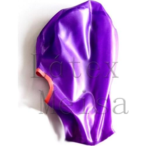 Transparent purple adults' latex hood bondage open mouth & nostrils with back zip decorations