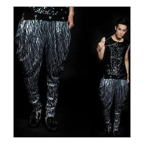 Grey fashion mens clothing paillette trousers leopard print personalized pants costumes singers Original design Customizable