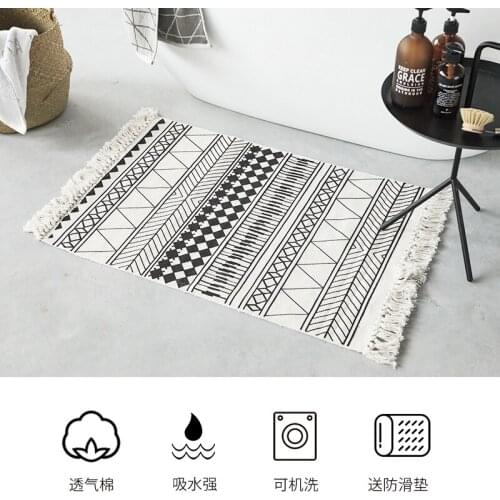 Nordic Woven Tassel Bedside Carpet Absorbent Black And White Stripes Bathroom Mat