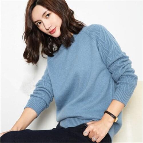 Large size pure cashmere thick knit women korean style solid Oneck loose pullover sweater S-2XL retail wholesale