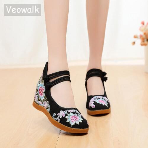 Veowalk Women Hidden Platform Canvas Shoes Chinese Flower Embroidered High Top Ladies Casual Comfort Denim Cotton Sneakers