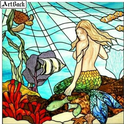 Stained glass painting mermaid 3d diamond embroidery full square drill diamond mosaic round rhinestone painting
